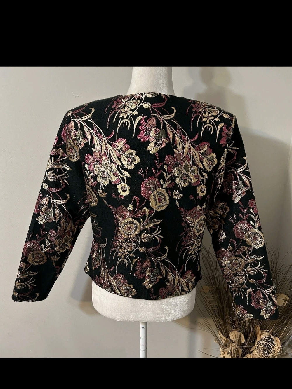 VTG Ellend Black Cropped Floral Tapestry Brocade  Gold/Rose Embroidery Jacket, M - Picture 3 of 9